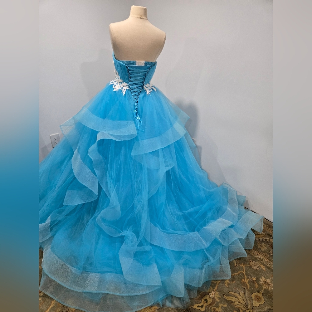 Mila Hoffman Custom Couture Ball Gown, Blue Topaz, White Floral Emroidered Waist - Picture 10 of 17